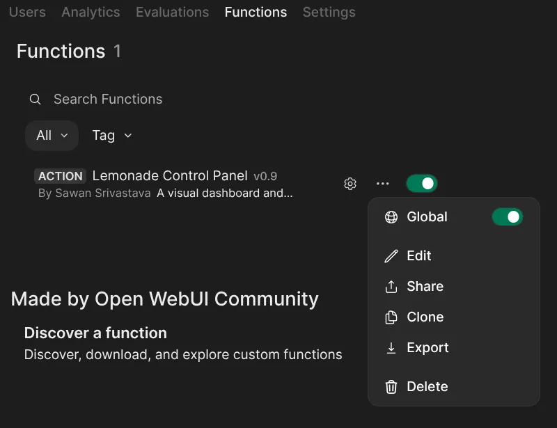 Screenshot of the process of enabling lemonade control panel plugin