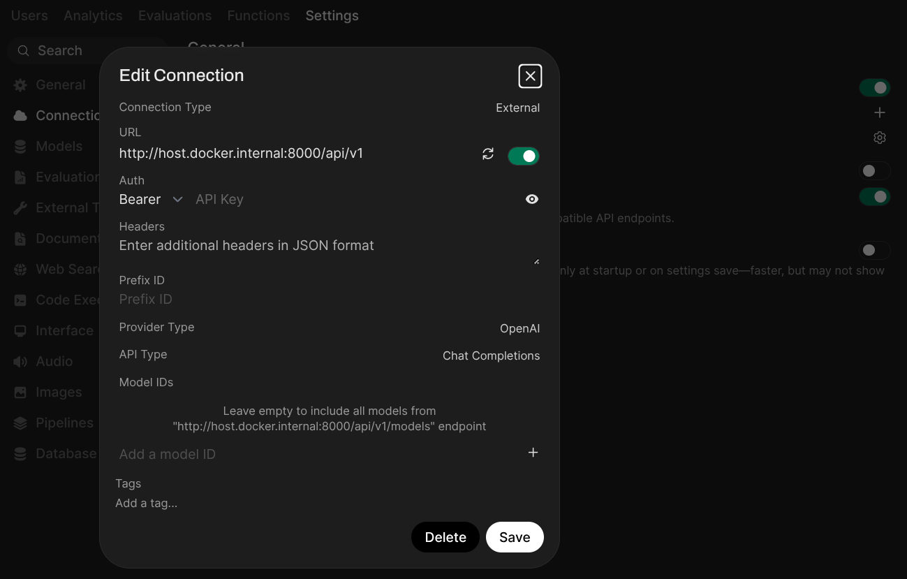 Screenshot of Open WebUI connection settings